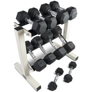 Rubber Coated Hex Dumbbell Weights Training Set w Rack 5 - 25 lb Titan Fitness