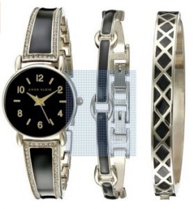 Anne Klein Women's AK-2052BKST Swarovski Crystal Accented Gold-Tone and Black Bangle Watch with Bracelet Set