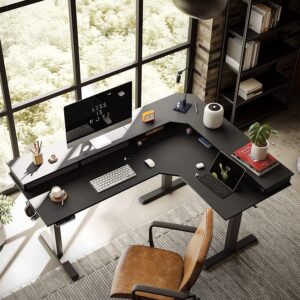 FEZIBO Triple Motor L Shaped Standing Desk with Three Drawers