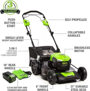 Greenworks 40V 21 Cordless Self-Propelled Lawn Mower,500 CFM