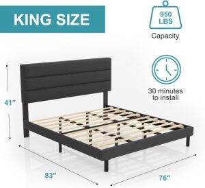 IYEE NATURE King Size Bed Frame Frame with Headboard Wooden Slats